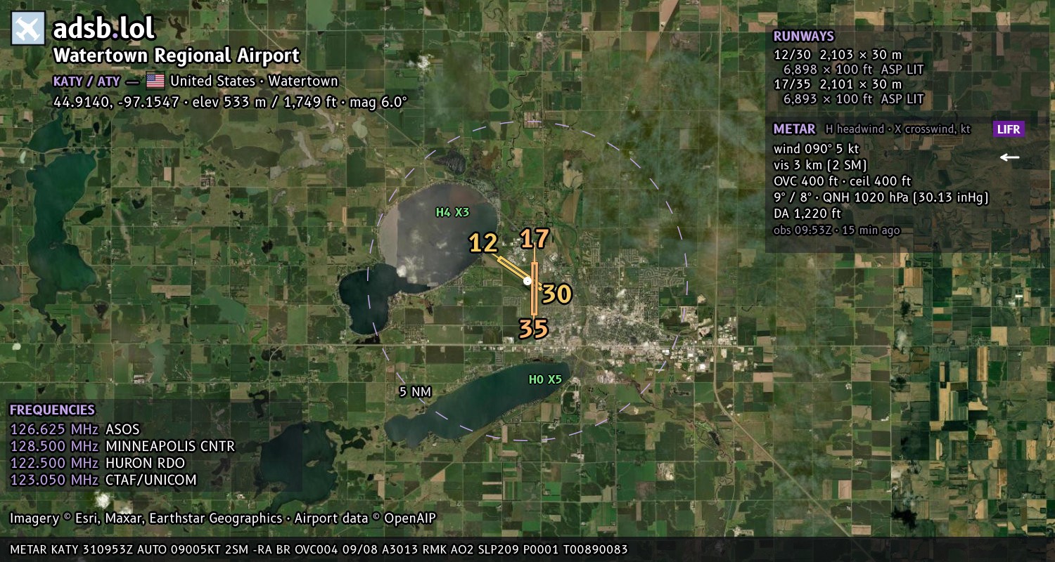 Satellite map with the runway layout of Watertown Regional Airport (KATY)