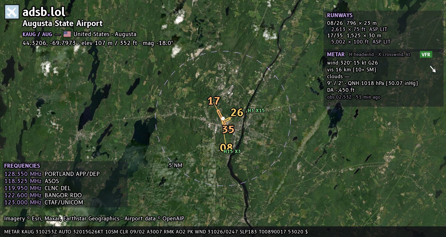 Satellite map with the runway layout of Augusta State Airport (KAUG)