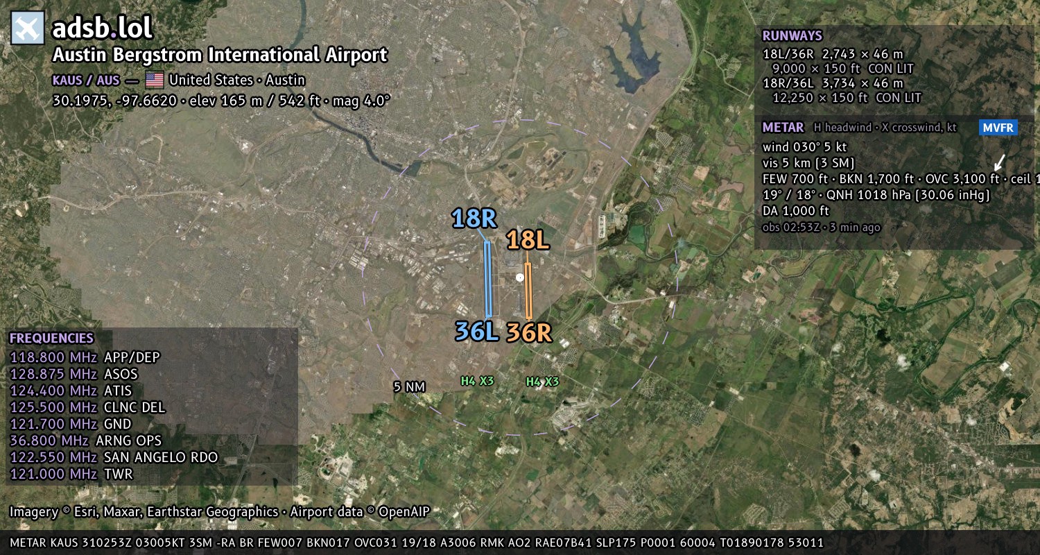 Satellite map with the runway layout of Austin Bergstrom International Airport (KAUS)