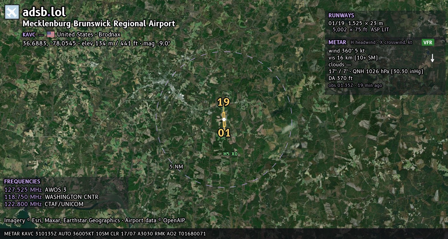 Satellite map with the runway layout of Mecklenburg Brunswick Regional Airport (KAVC)