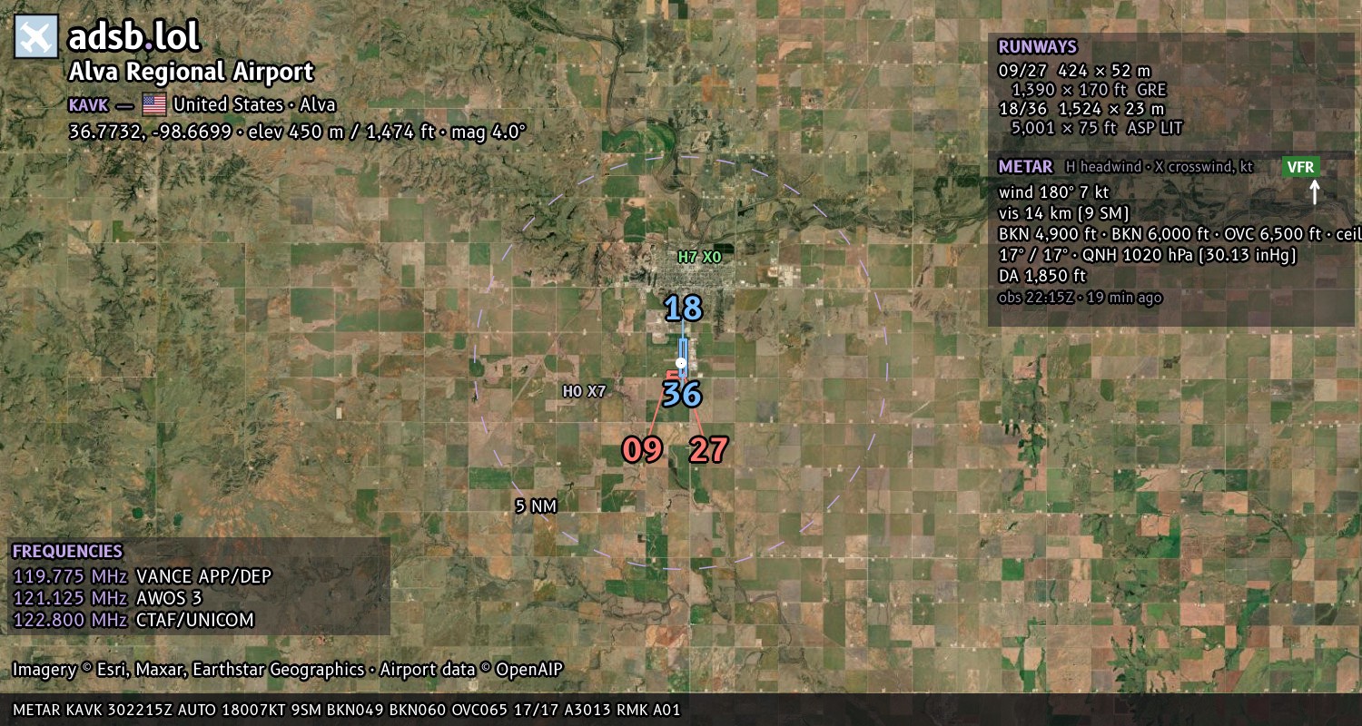 Satellite map with the runway layout of Alva Regional Airport (KAVK)