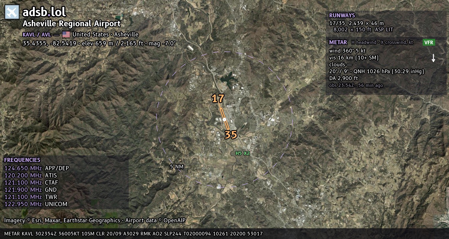 Satellite map with the runway layout of Asheville Regional Airport (KAVL)