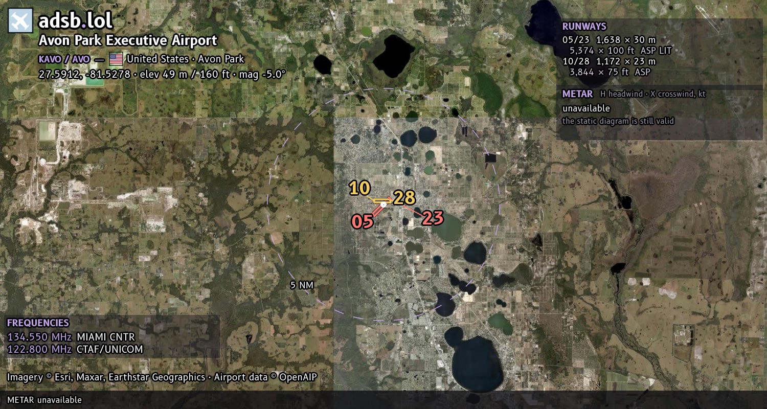 Satellite map with the runway layout of Avon Park Executive Airport (KAVO)