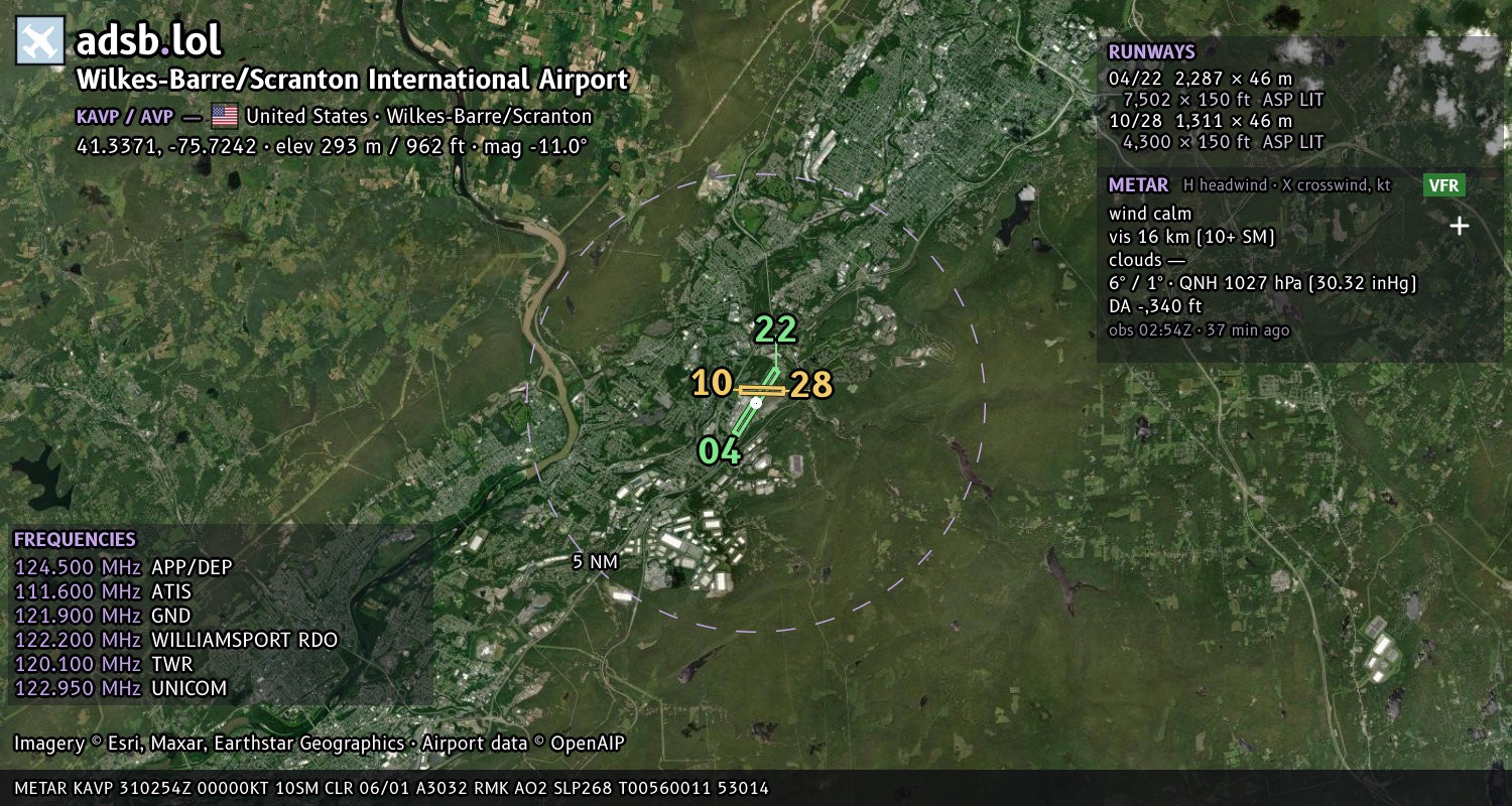 Satellite map with the runway layout of Wilkes-Barre/Scranton International Airport (KAVP)