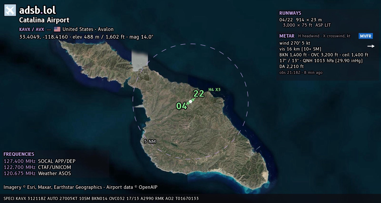 Satellite map with the runway layout of Catalina Airport (KAVX)