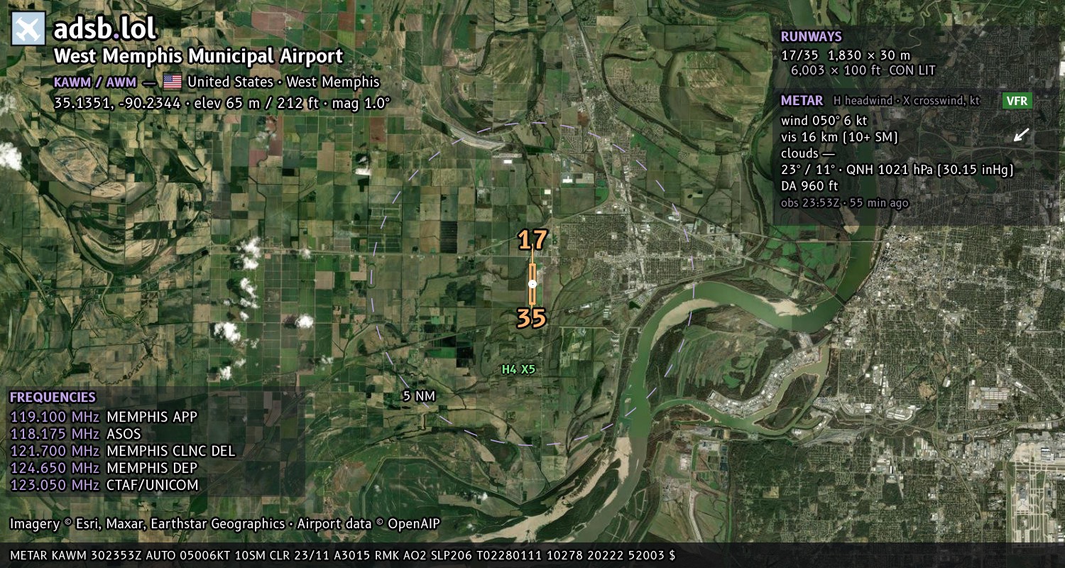 Satellite map with the runway layout of West Memphis Municipal Airport (KAWM)