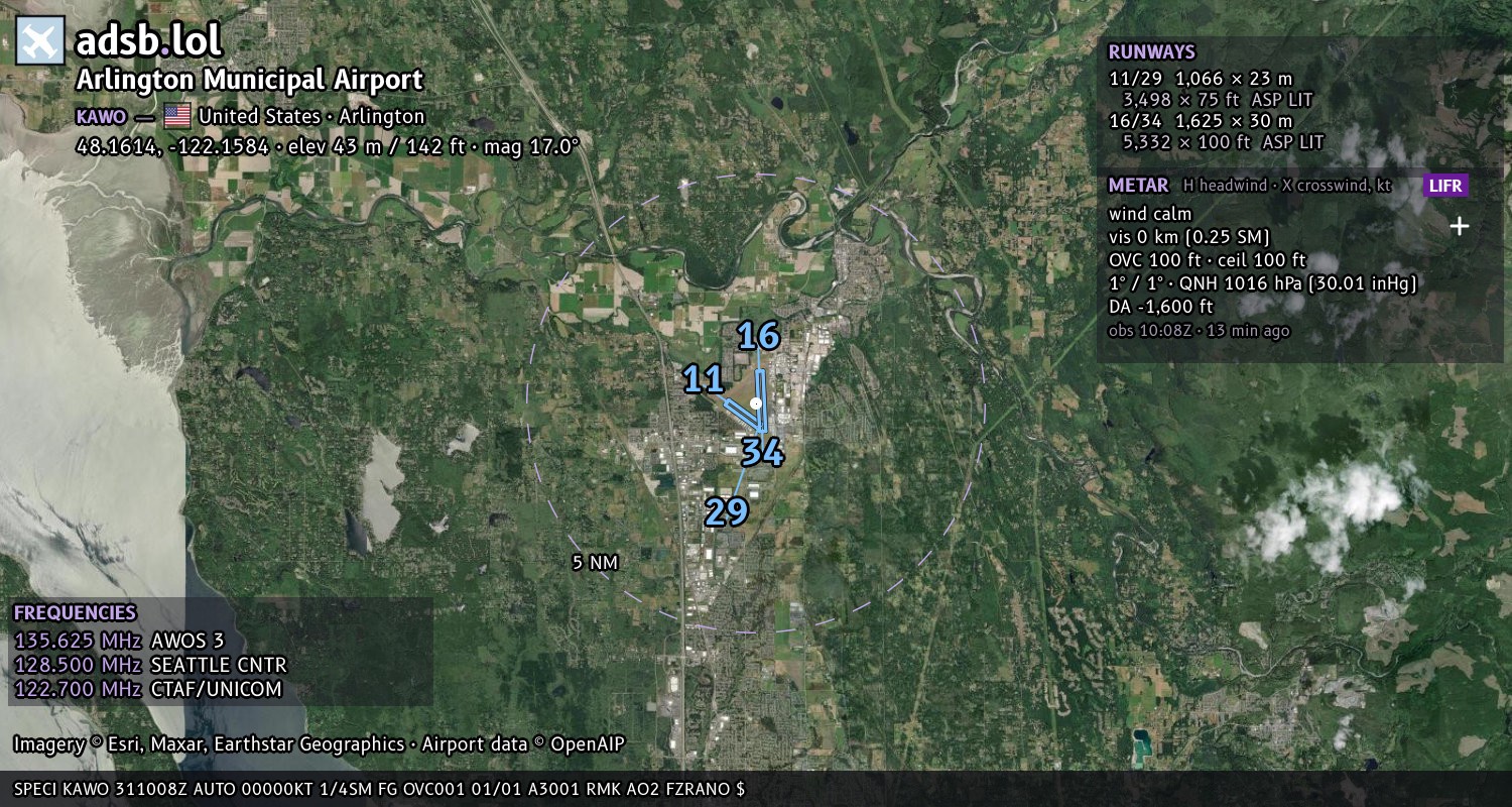 Satellite map with the runway layout of Arlington Municipal Airport (KAWO)
