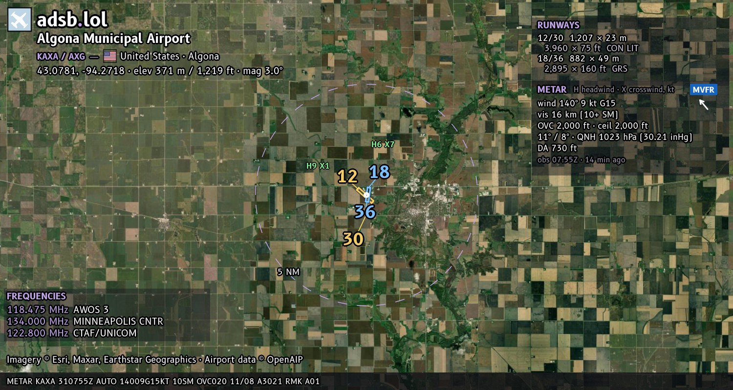 Satellite map with the runway layout of Algona Municipal Airport (KAXA)