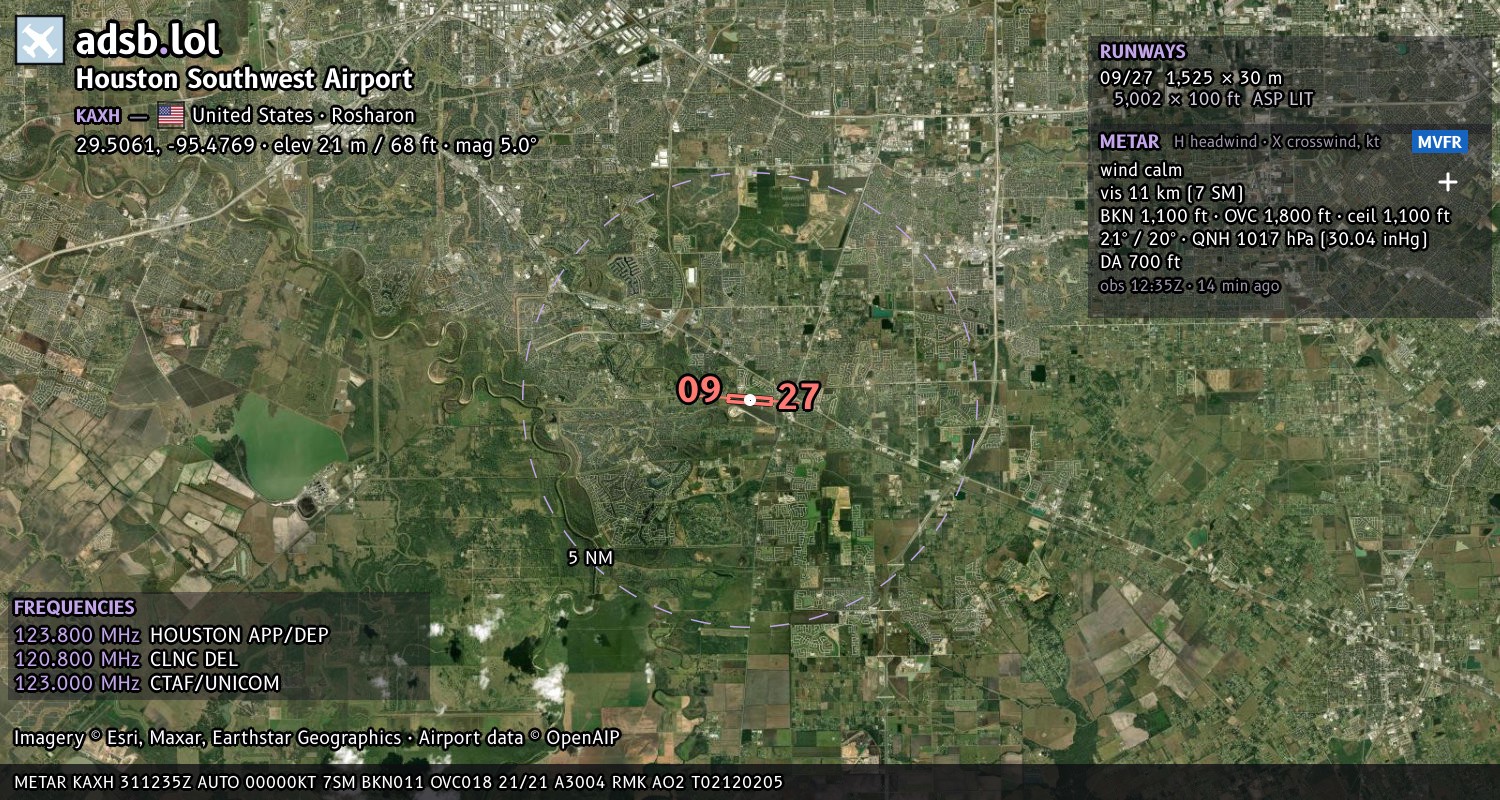 Satellite map with the runway layout of Houston Southwest Airport (KAXH)