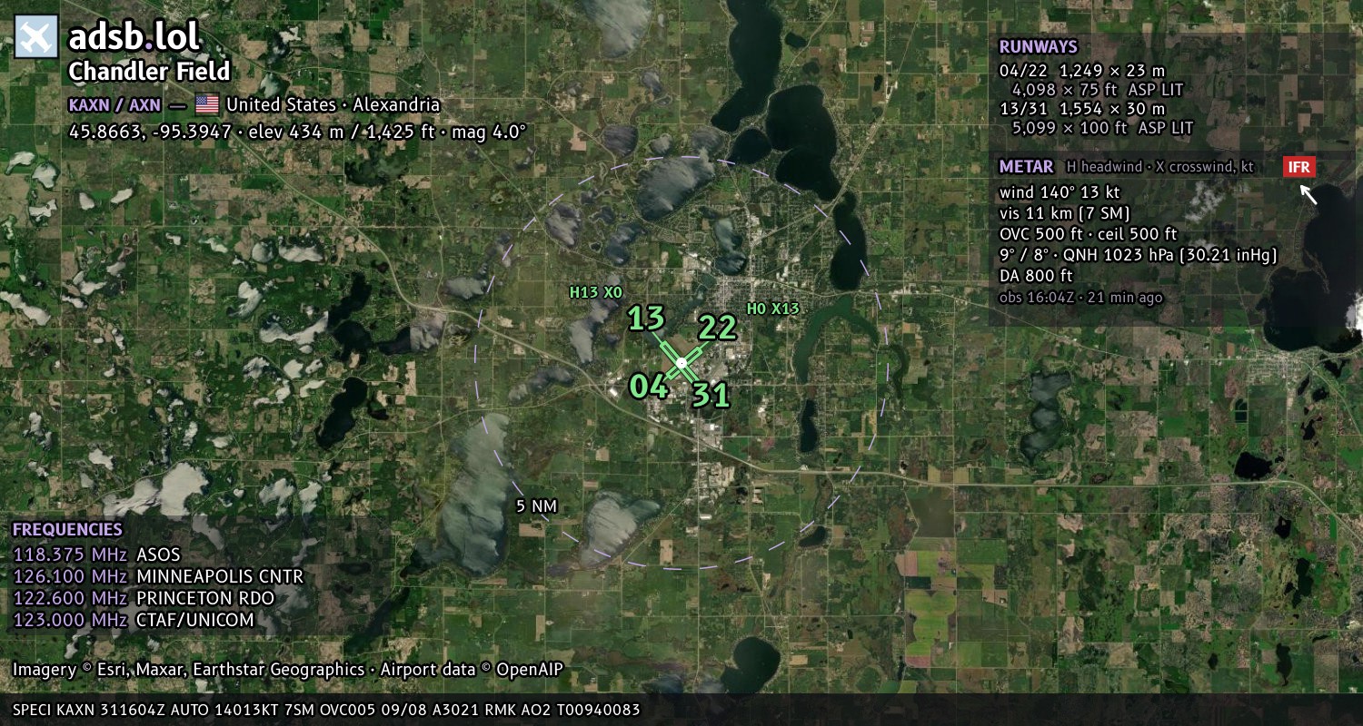 Satellite map with the runway layout of Chandler Field (KAXN)