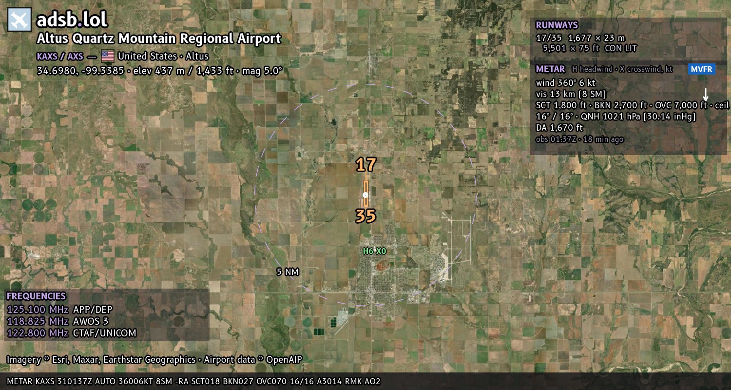 Satellite map with the runway layout of Altus Quartz Mountain Regional Airport (KAXS)