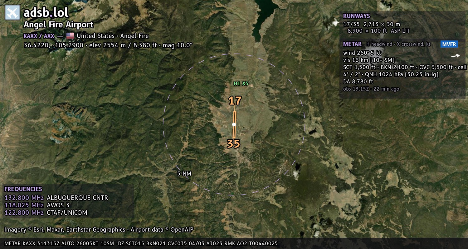 Satellite map with the runway layout of Angel Fire Airport (KAXX)