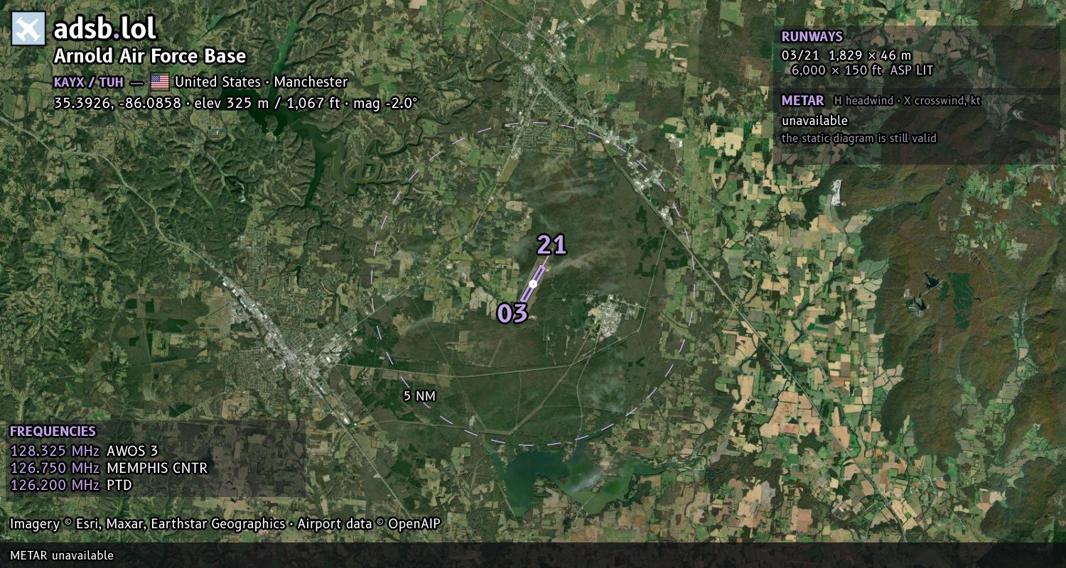 Satellite map with the runway layout of Arnold Air Force Base (KAYX)