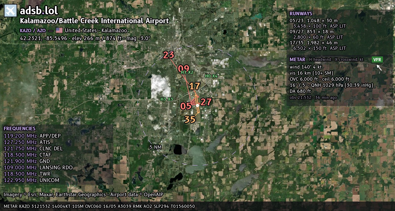 Satellite map with the runway layout of Kalamazoo/Battle Creek International Airport (KAZO)