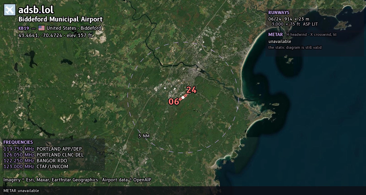 Satellite map with the runway layout of Biddeford Municipal Airport (KB19)