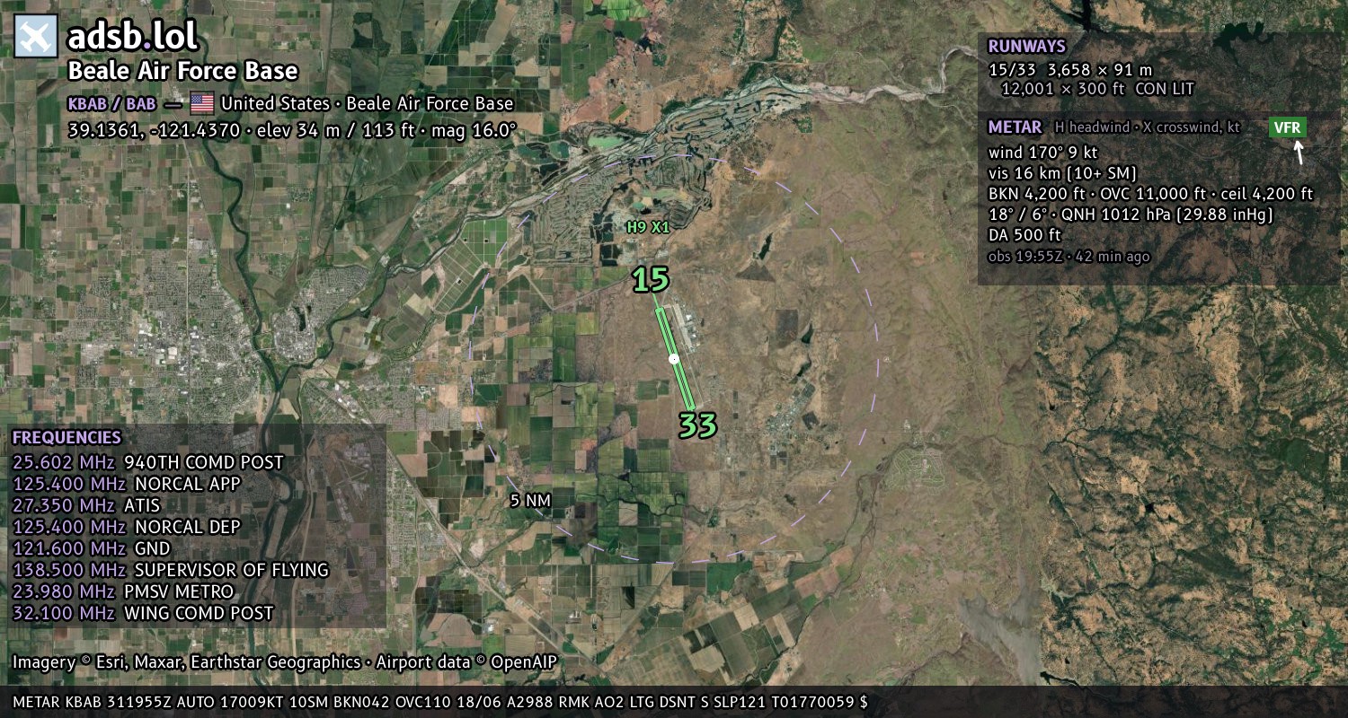Satellite map with the runway layout of Beale Air Force Base (KBAB)