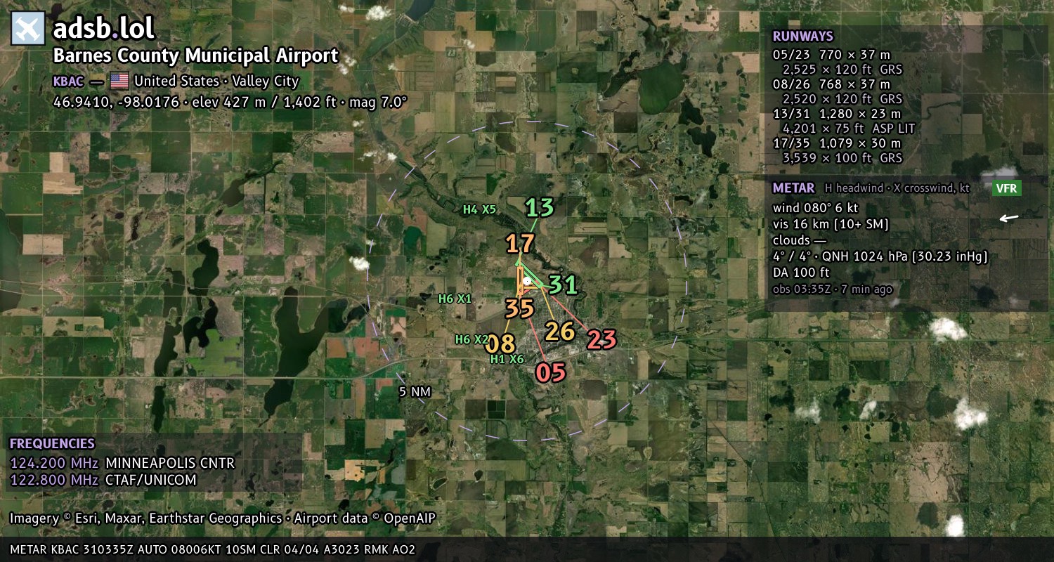 Satellite map with the runway layout of Barnes County Municipal Airport (KBAC)