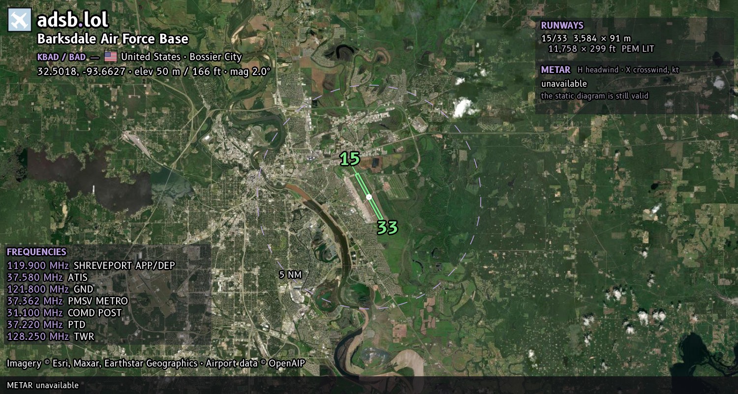 Satellite map with the runway layout of Barksdale Air Force Base (KBAD)