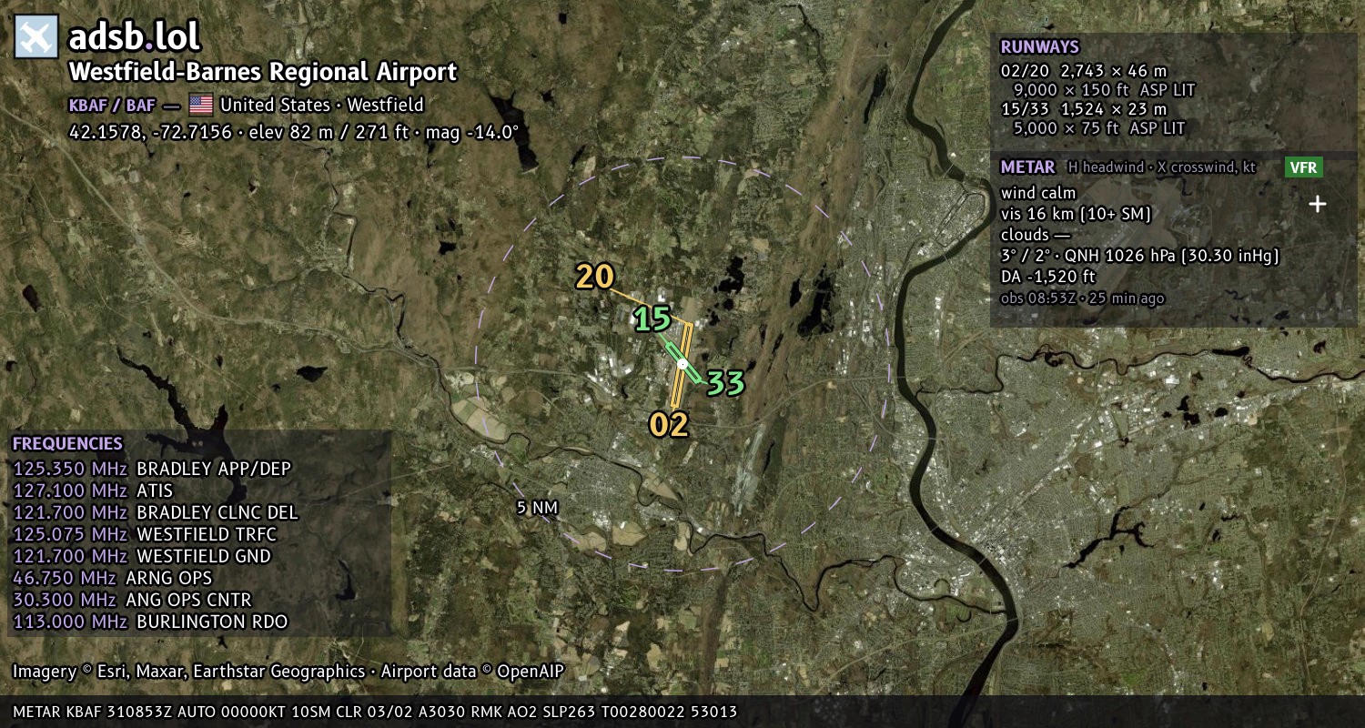 Satellite map with the runway layout of Westfield-Barnes Regional Airport (KBAF)