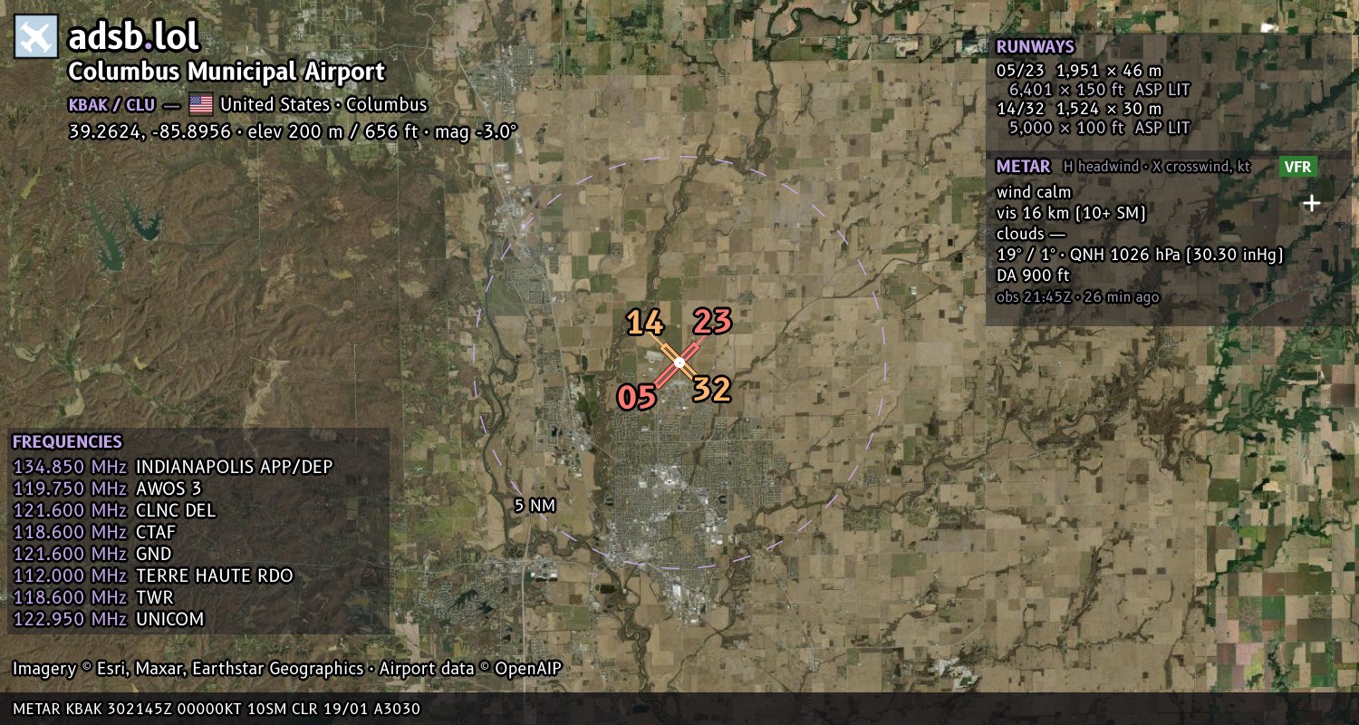 Satellite map with the runway layout of Columbus Municipal Airport (KBAK)
