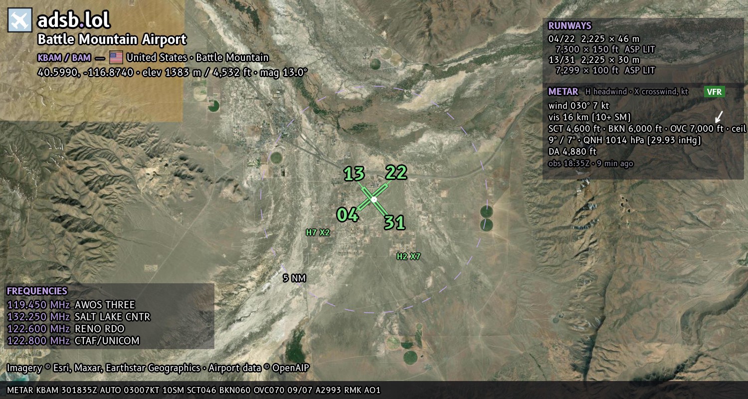 Satellite map with the runway layout of Battle Mountain Airport (KBAM)