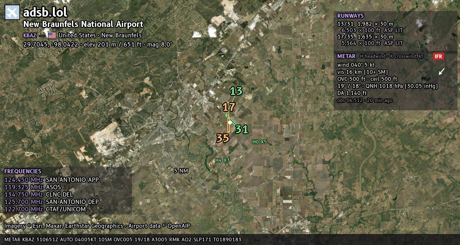 Satellite map with the runway layout of New Braunfels National Airport (KBAZ)