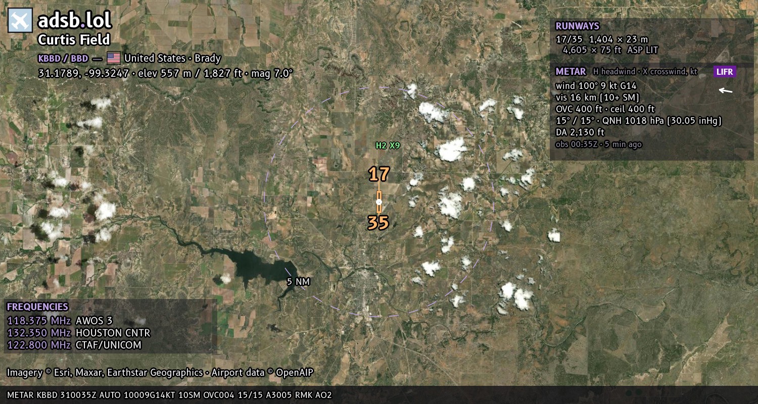 Satellite map with the runway layout of Curtis Field (KBBD)