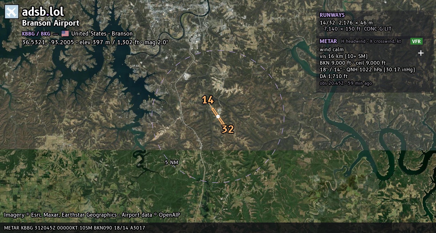 Satellite map with the runway layout of Branson Airport (KBBG)