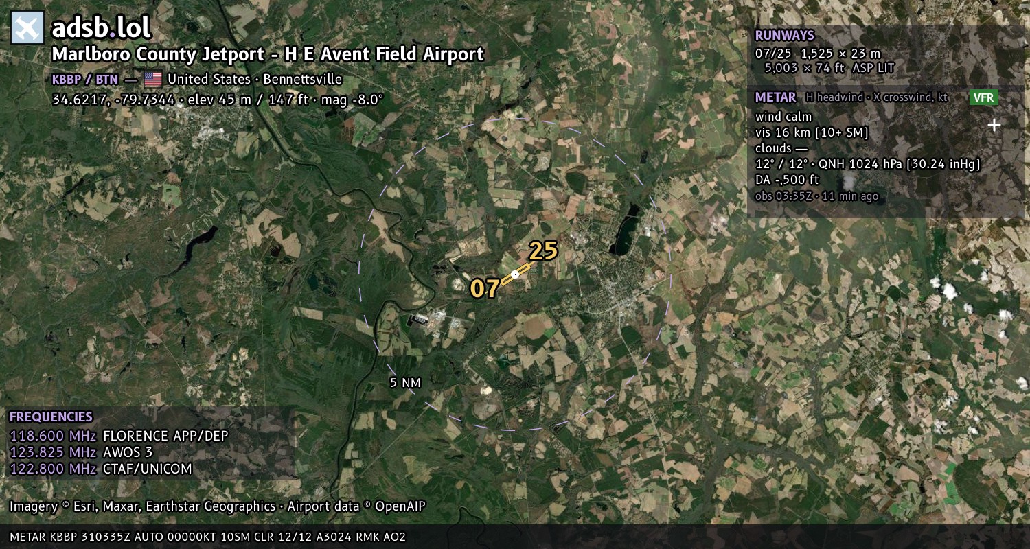 Satellite map with the runway layout of Marlboro County Jetport - H E Avent Field Airport (KBBP)