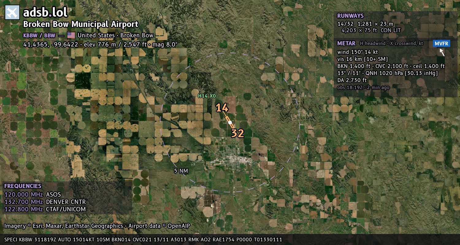 Satellite map with the runway layout of Broken Bow Municipal Airport (KBBW)
