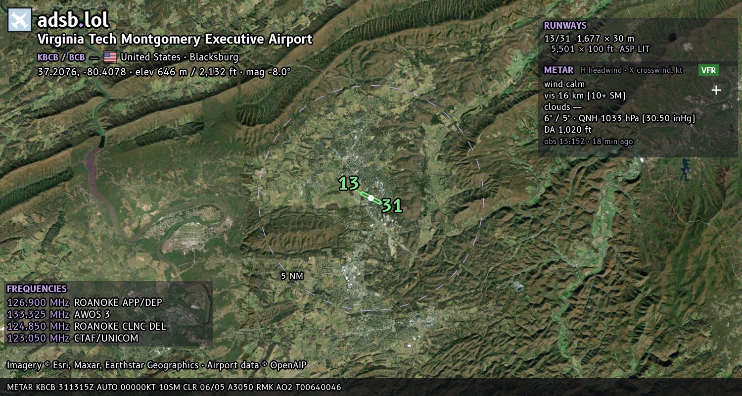 Satellite map with the runway layout of Virginia Tech Montgomery Executive Airport (KBCB)