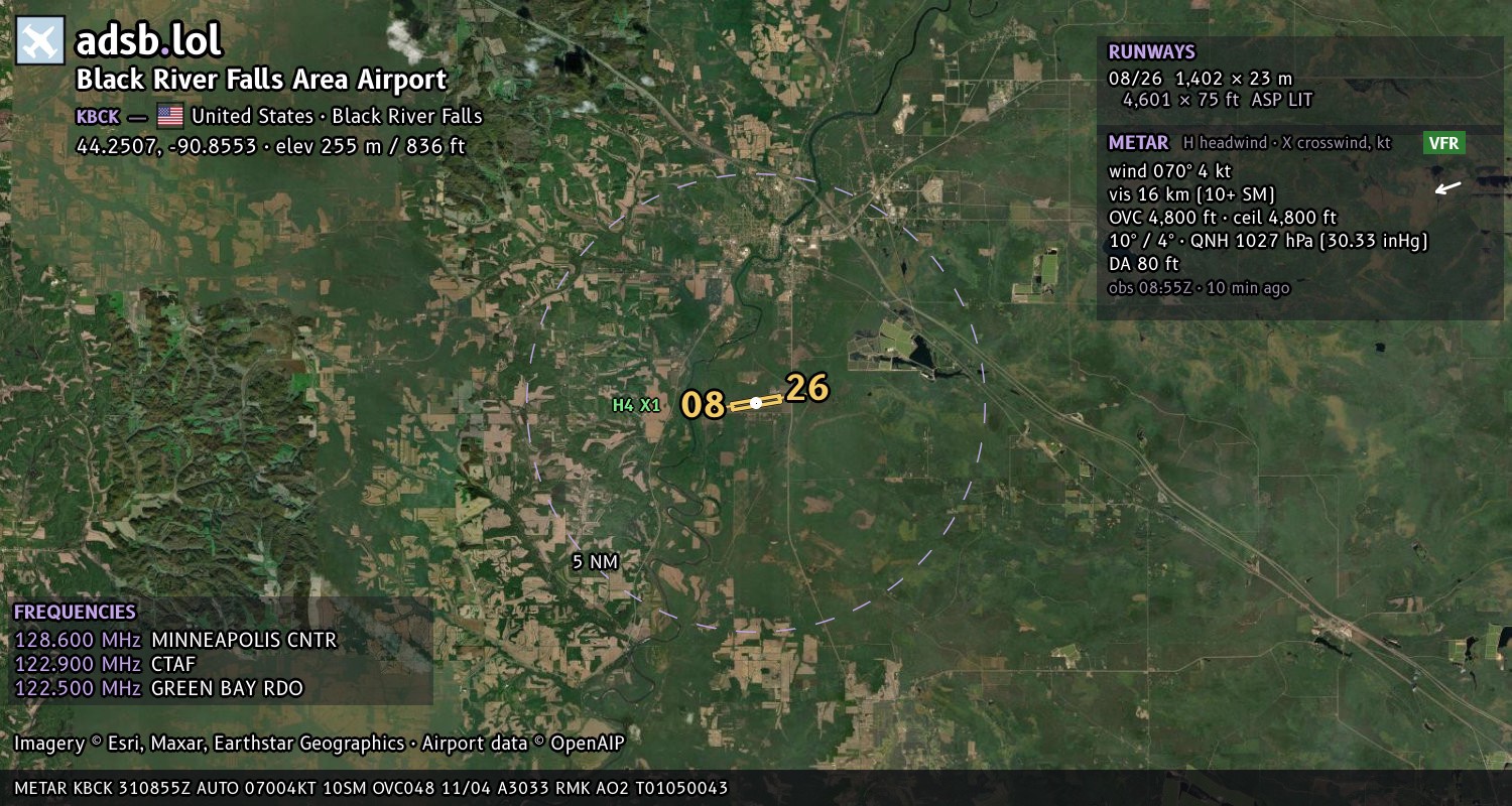 Satellite map with the runway layout of Black River Falls Area Airport (KBCK)