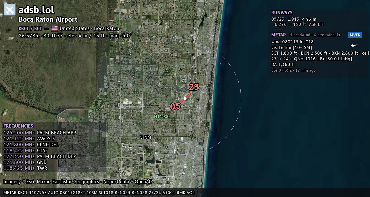 Satellite map with the runway layout of Boca Raton Airport (KBCT)