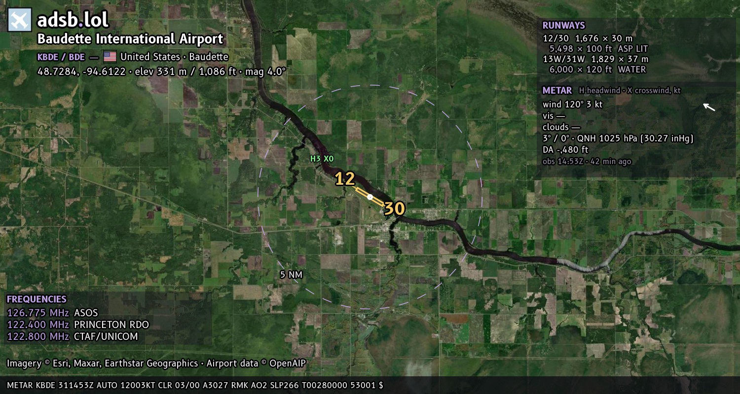 Satellite map with the runway layout of Baudette International Airport (KBDE)