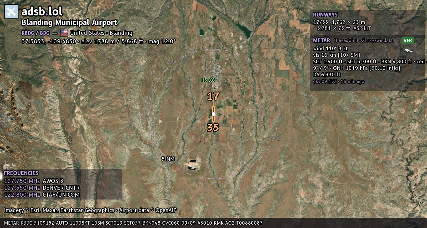 Satellite map with the runway layout of Blanding Municipal Airport (KBDG)