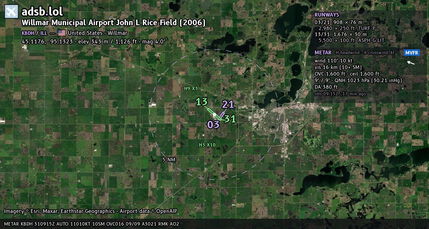 Satellite map with the runway layout of Willmar Municipal Airport John L Rice Field (2006) (KBDH)