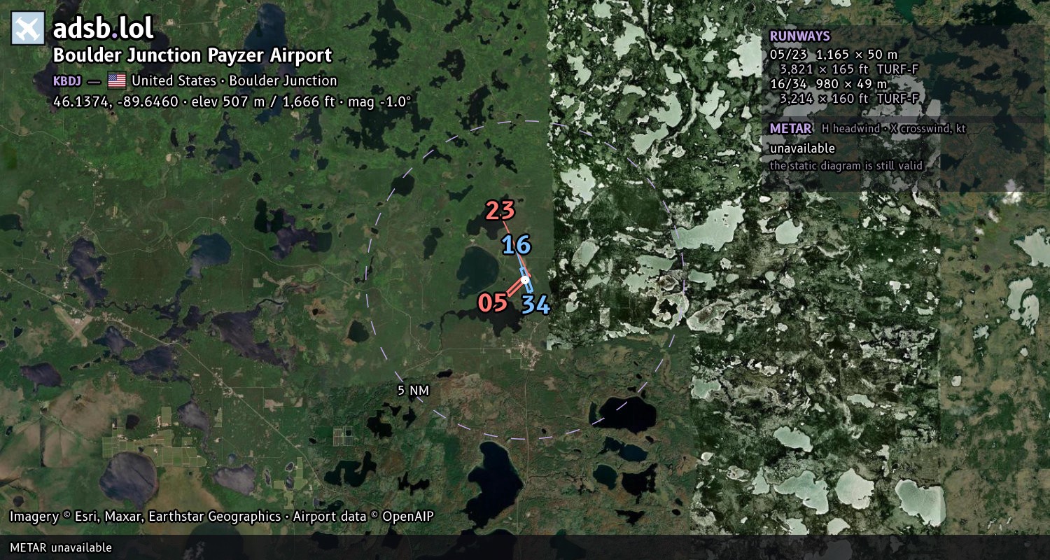 Satellite map with the runway layout of Boulder Junction Payzer Airport (KBDJ)