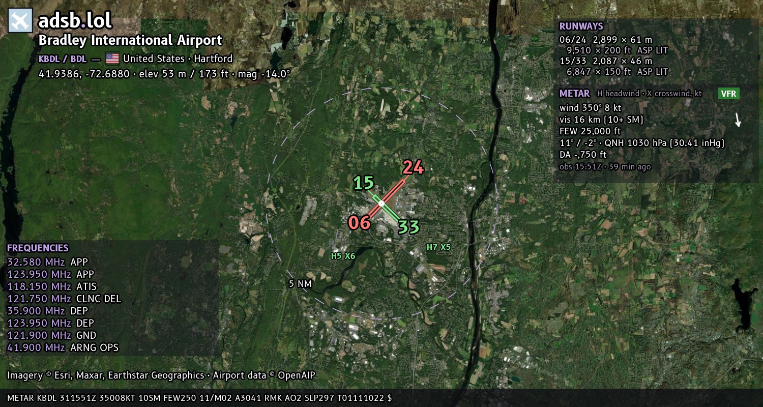 Satellite map with the runway layout of Bradley International Airport (KBDL)