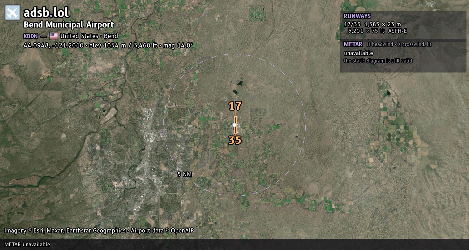 Satellite map with the runway layout of Bend Municipal Airport (KBDN)