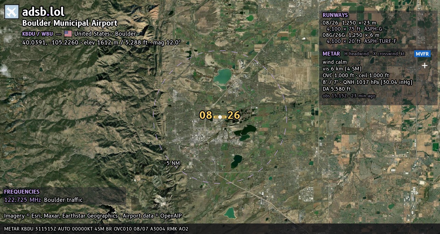 Satellite map with the runway layout of Boulder Municipal Airport (KBDU)