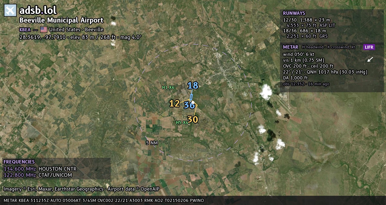 Satellite map with the runway layout of Beeville Municipal Airport (KBEA)
