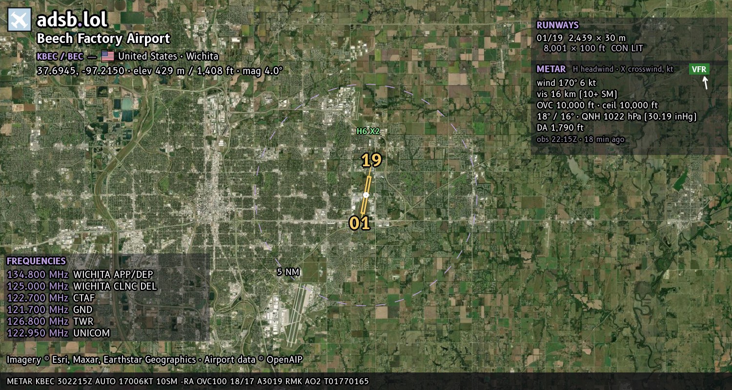 Satellite map with the runway layout of Beech Factory Airport (KBEC)