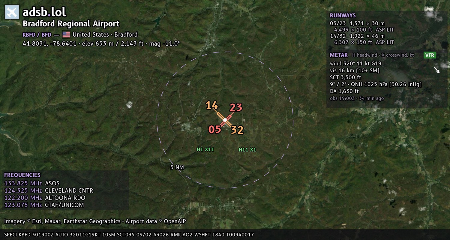 Satellite map with the runway layout of Bradford Regional Airport (KBFD)
