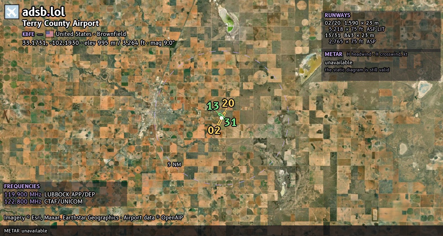 Satellite map with the runway layout of Terry County Airport (KBFE)