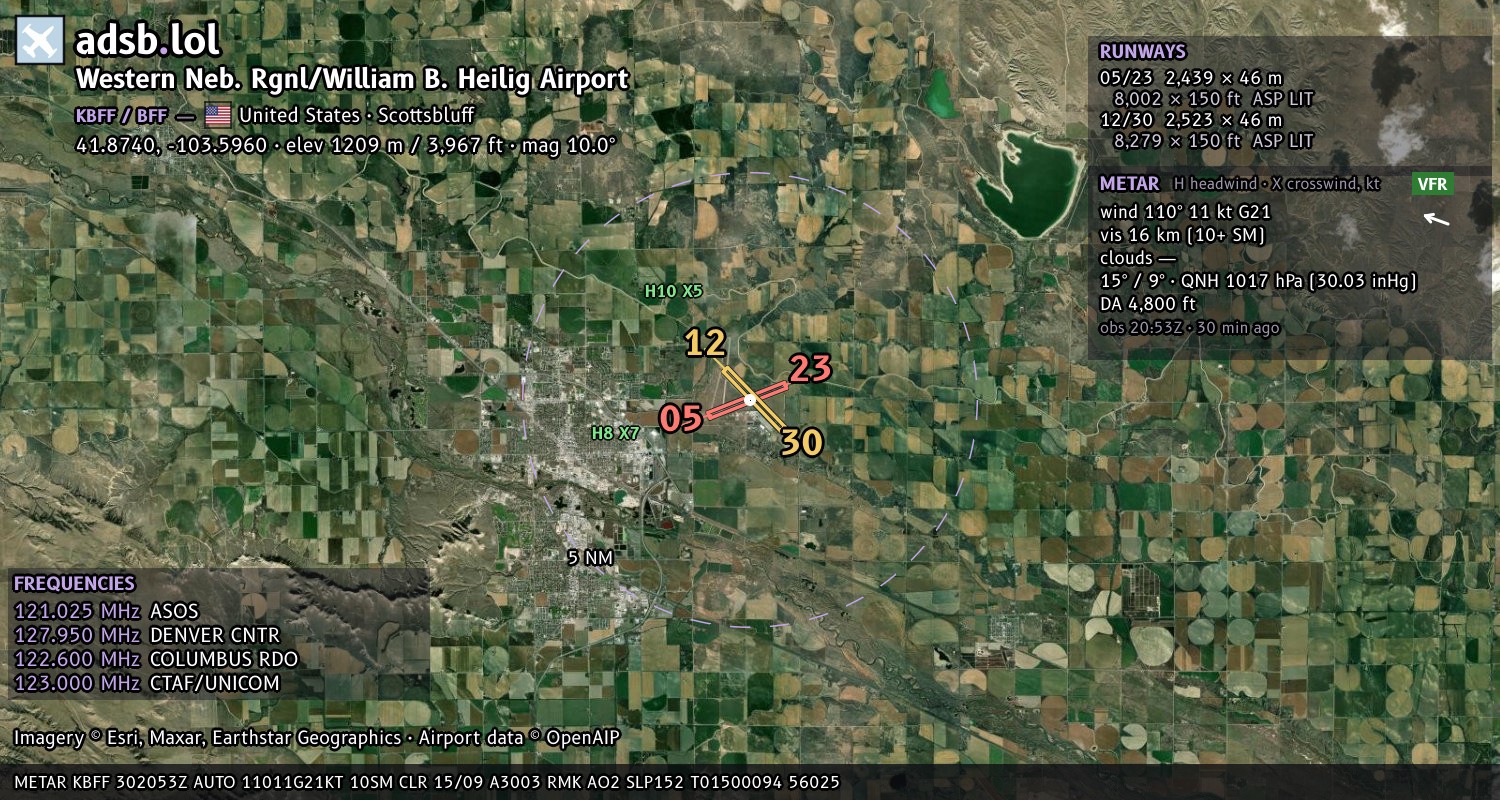 Satellite map with the runway layout of Western Neb. Rgnl/William B. Heilig Airport (KBFF)