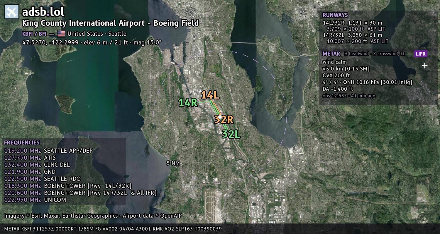 Satellite map with the runway layout of King County International Airport - Boeing Field (KBFI)