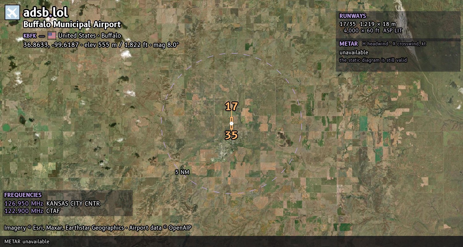 Satellite map with the runway layout of Buffalo Municipal Airport (KBFK)