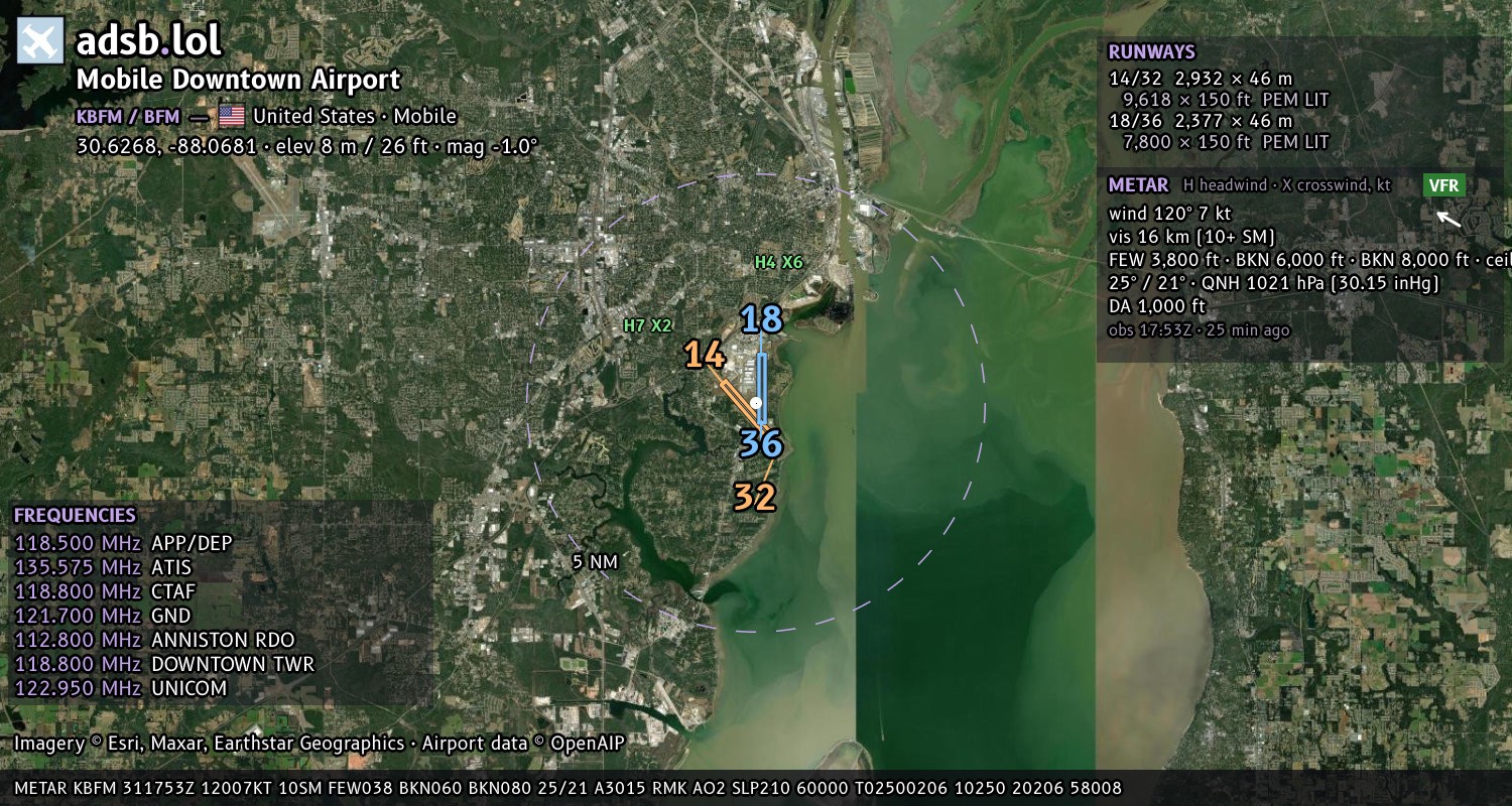 Satellite map with the runway layout of Mobile Downtown Airport (KBFM)