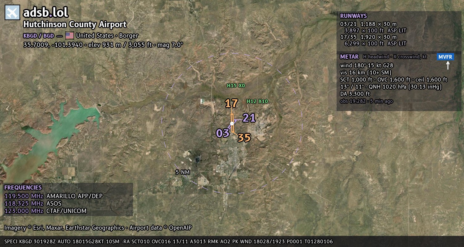 Satellite map with the runway layout of Hutchinson County Airport (KBGD)