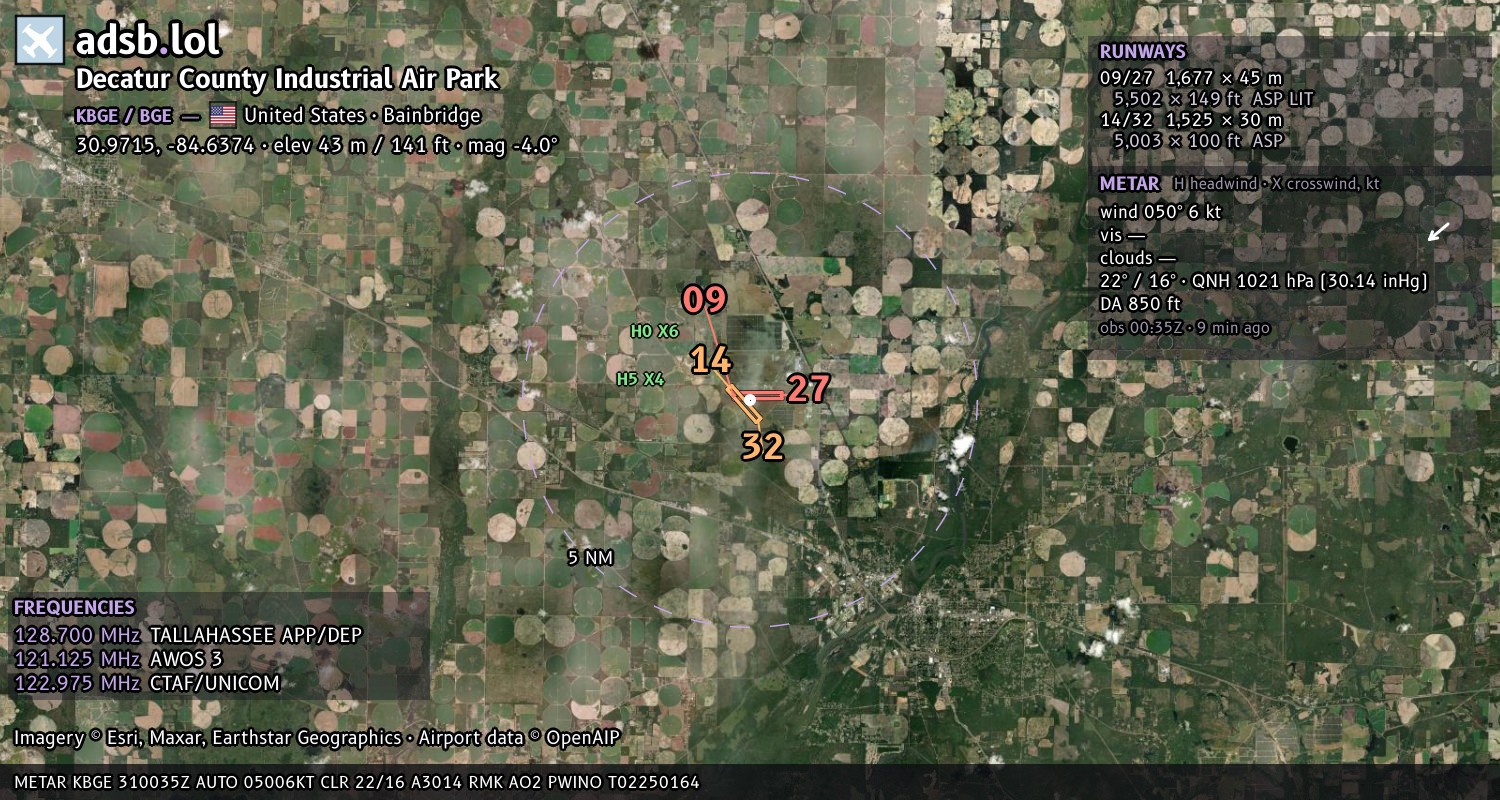 Satellite map with the runway layout of Decatur County Industrial Air Park (KBGE)